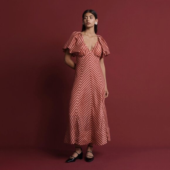 Lovaan | Tess Puff-Sleeve Linen-SIlk Midi Dress | NWT - Picture 5 of 8